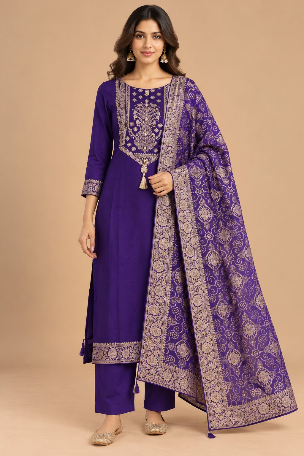 Royal Purple Embroidered Kurta Pant Set with Ornate Printed Dupatta